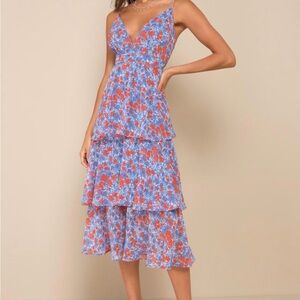 Lulus Adorable Obsession Blue Floral Print Lurex Tiered Midi Dress Blue Coral XL